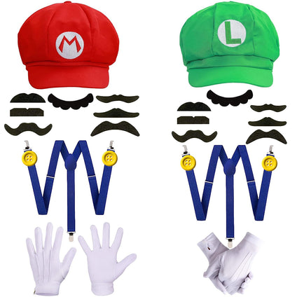 FUYVA Super Brothers Mara & Luigi Hat Costume for Adults Uisex Cap Suspenders Gloves Fake Accessory Kit for Cosplay Halloween for Women and Man Green, Green, Middle