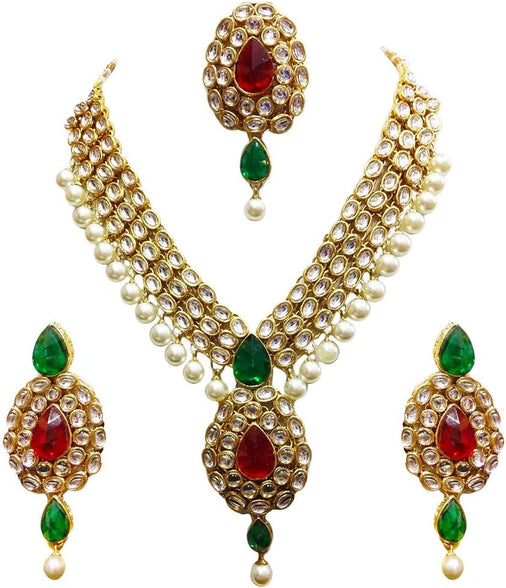 Shining Diva Gold Plated Kundan Pearl Party Wear Traditional Necklace Jewellery Set with Maang Tikka and Earring for Women(Multicolor)