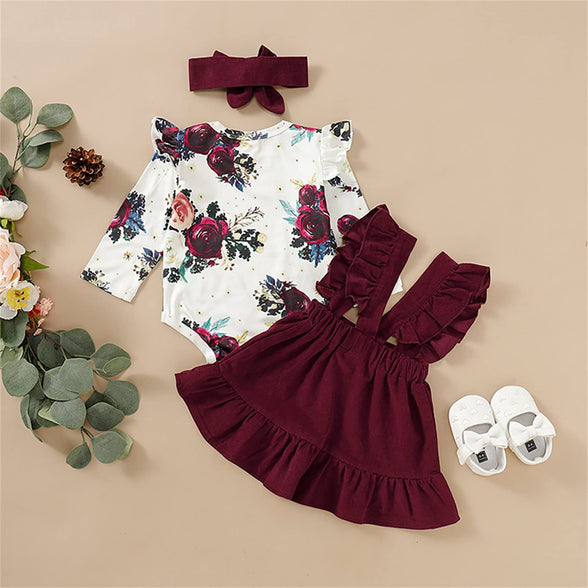 PATPAT Newborn Infant Baby Girl Clothes Outfit Long Sleeve Romper Top Overall Dress Suspender Skirt Set, for 0-3 Months