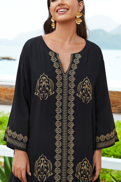 YouKD Embroidered Kaftan Dress Boho Beach Bikini Cover Up Robe Plus Size Loungewear for Women