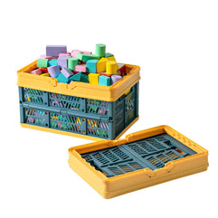Foldable Square Picnic Baskets with Handles, Supermarket Shopping Basket, Large Spring Travel Portable Bath Basket Storage Box (Large, Blue-Yellow)( 38 x 25.8 x 7.1 cm)