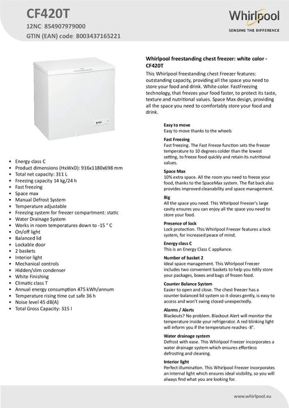 WHIRLPOOL CHEST FREEZER 420 L, CF420T, 1 Year Warranty