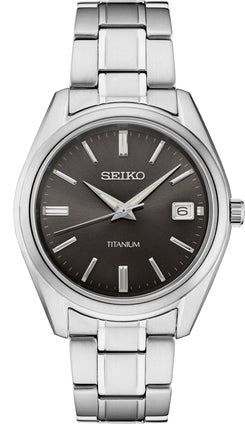 SEIKO SUR311 Watch for Men - Essentials Collection - Black Dial with Sunray Finish, Date Calendar, Titanium Case & Bracelet, Sapphire Crystal, and 100m Water Resistant, BLACK/Midnight, SUR375