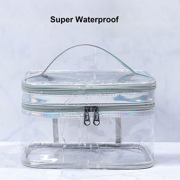 FIYUK Clear Cosmetic Bag Dual Layer Travel Toiletry Bags Make up Organizer Waterproof Brushes Holder