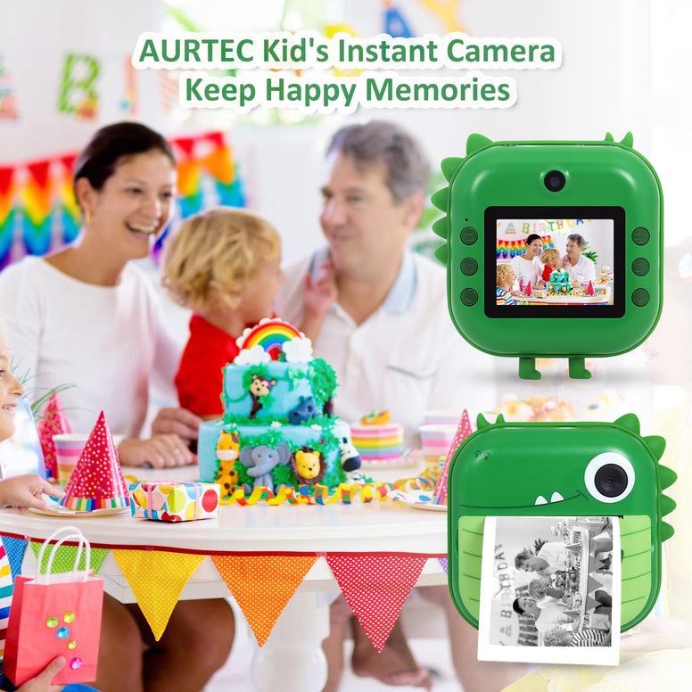 AURTEC Instant Camera for Kids, Mini Thermal Printing Camera, No Ink Required, 48MP Dual Camera,1080P HD Video, 32G TF Card, 3 Print Paper, 2.4 Inch Color Screen, Cute Animal Cartoon Design, Dinosaur