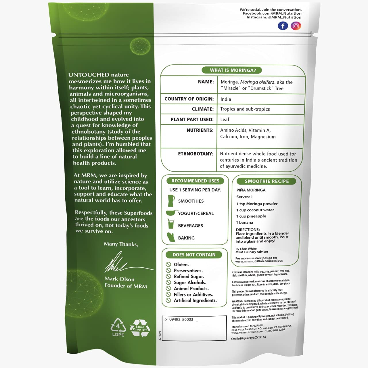 MRM Superfoods - Raw Organic Moringa Powder 8.5 Oz. 151193