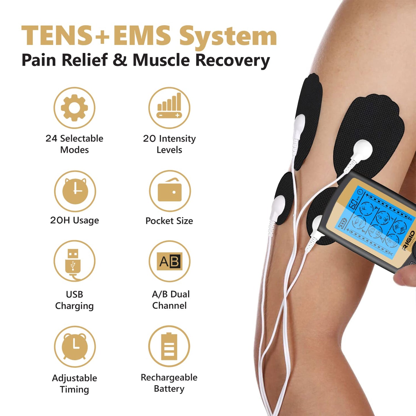 RIGID FITNESS TENS EMS Muscle Stimulator with 24 Massage Modes - Pain Relief Massager, Nerve & Muscle Activation - Includes 10 Electrode Pads & Carry Bag - for Better Blood Flow, Relaxation & Recovery