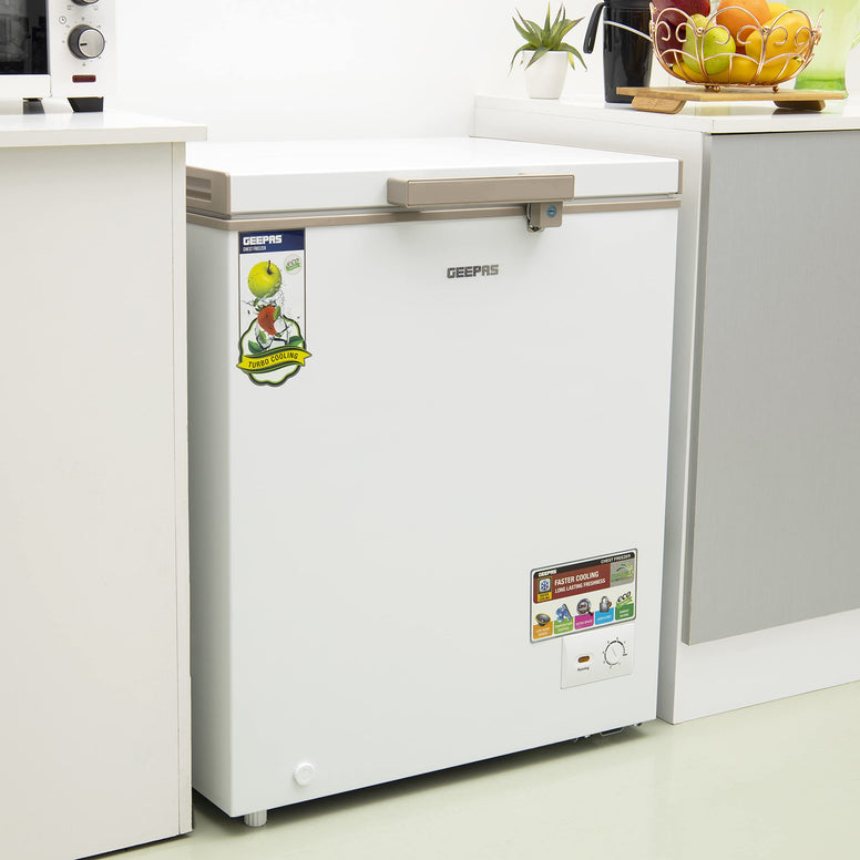 Geepas Powerful 170L Single Door Chest Freezer - Adjustable Thermostat Control, High Efficiency with Compressor Switch