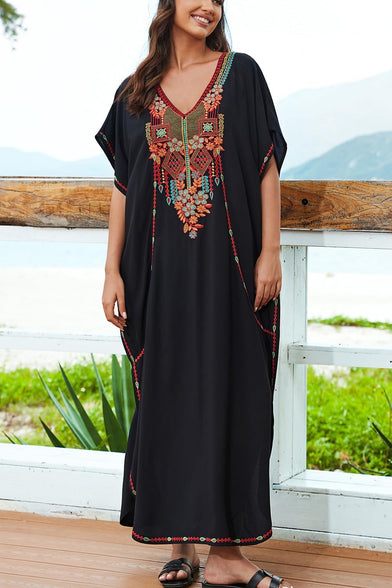 YouKD Embroidered Kaftan Dress Boho Beach Bikini Cover Up Robe Plus Size Loungewear for Women