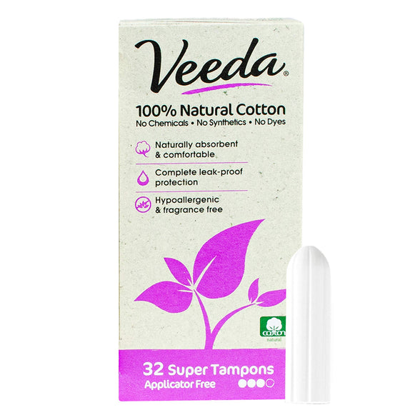 Naturalena Brands Veeda 100% Natural Cotton Applicator Free Super Tampons, Super Absorbent Comfort Digital Super Tampons, Chlorine Toxin and Pesticide Free, 32-Count, No Colour