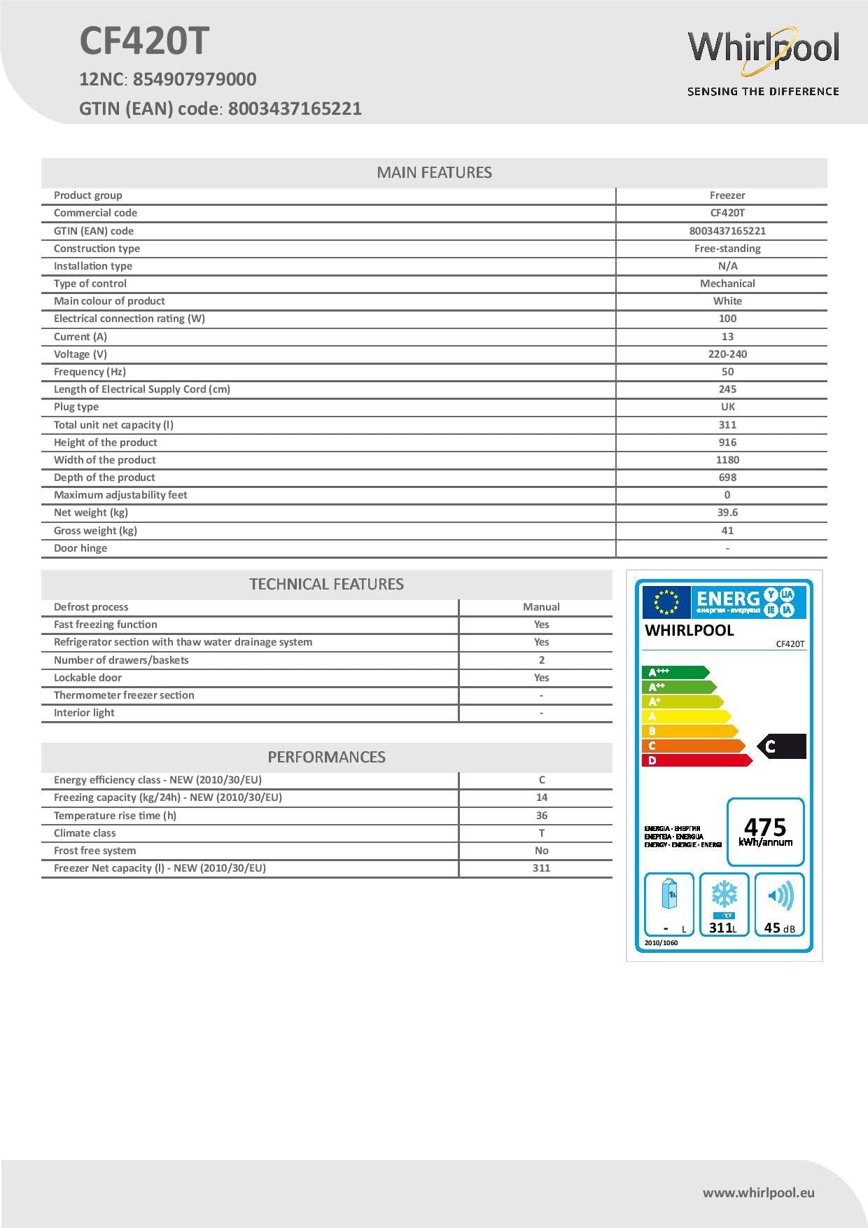 WHIRLPOOL CHEST FREEZER 420 L, CF420T, 1 Year Warranty