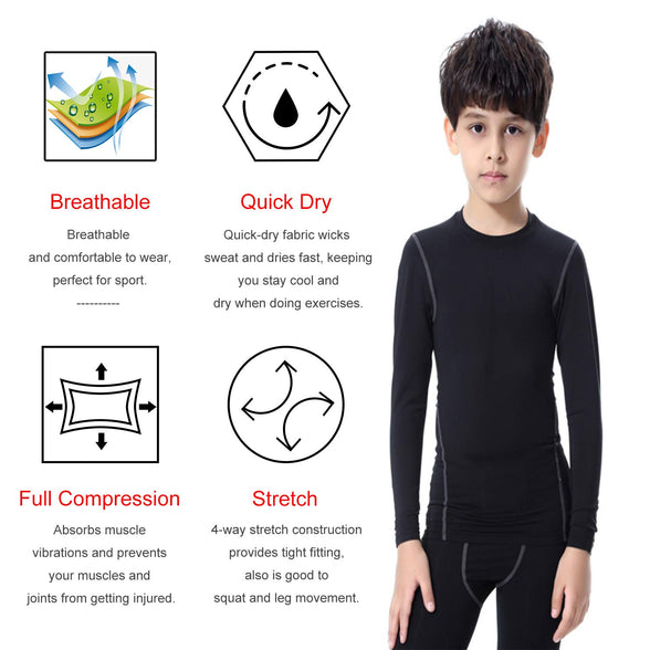 1 or 3 Pack Youth Boys Compression Shirt Football Undershirt Long Sleeve Athletic Shirts Soccer Workout Base Layer (7 Years)