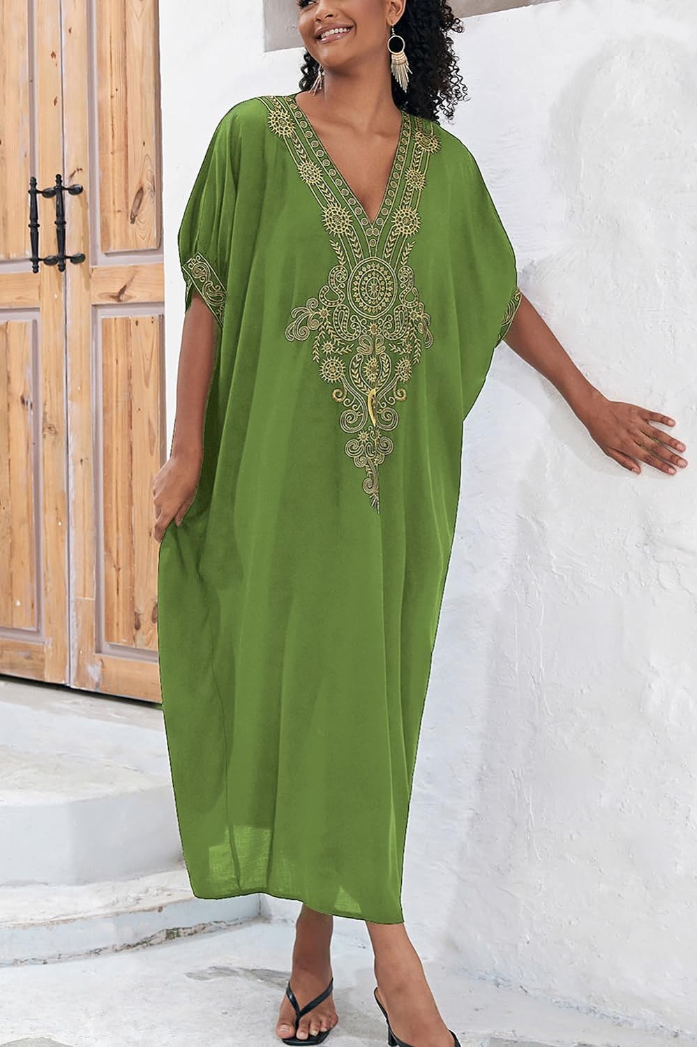 YouKD Embroidered Kaftan Dress Boho Beach Bikini Cover Up Robe Plus Size Loungewear for Women