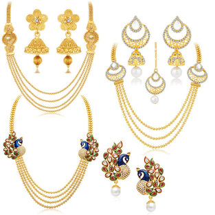 Sukkhi Gorgeous Pearl Gold Plated Wedding Jewellery Kundan Peacock Meenakari Multi-String Necklace Set Combo For Women (457Cb2700)