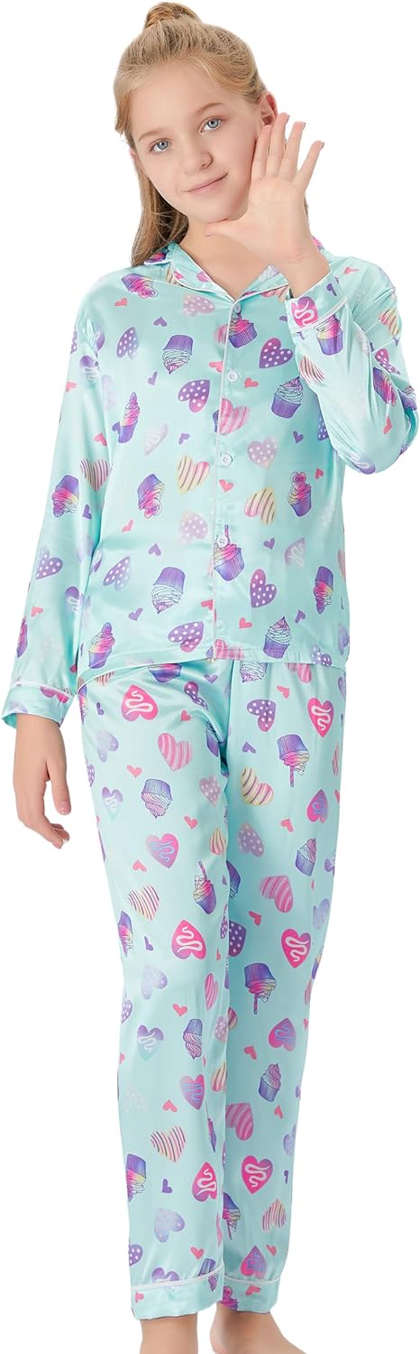 Satin Pajamas for Girls – Coat Style Unicorn Long Sleeve Silk Button Down PJ Set Size 6-16