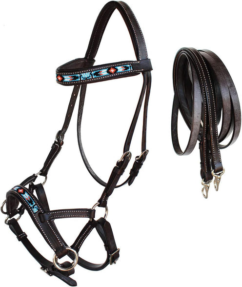 Horse Western Leather Bitless Sidepull Beaded Bridle Reins 77RT23