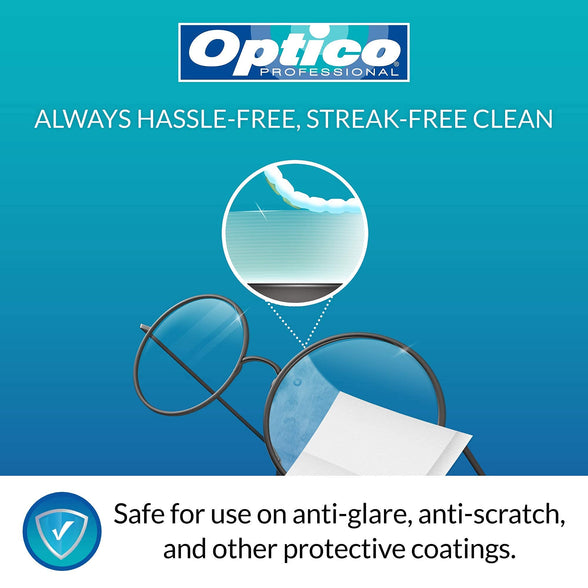 Optico Pre-Moistened Lens Cleaning Wipes - [5 x 3.5 Inches - 180 Wipes] Premium Quality Cleaner for Eyeglasses, Screens, and Cameras - No Spray Bottle Needed, Streak & Lint Free, Individually Wrapped