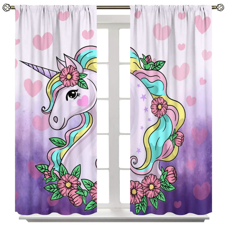 Cartoon Unicorn Kids Blackout Curtains,Cute Cartoon Purple Unicorns with Flower Pink Heart Purple Blackground for Girls Bedroom Windows Drapes Living Room Study 21x45in,2 Panel Set