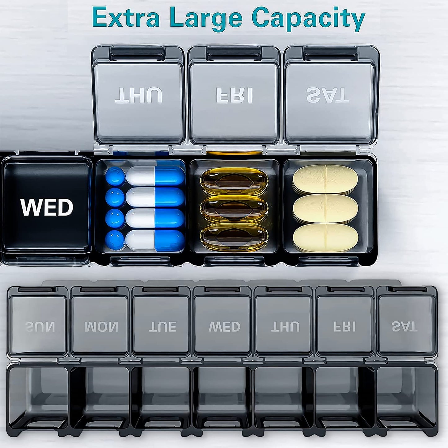 Extra Large Weekly Pill Organizer, Weekly Pill Box, 7 Day Pill Case, Oversize Daily Medicine Pill Dispenser, Daily Pill Cases for Pills/Vitamin/Fish Oil/Supplements