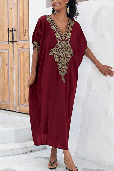 YouKD Embroidered Kaftan Dress Boho Beach Bikini Cover Up Robe Plus Size Loungewear for Women