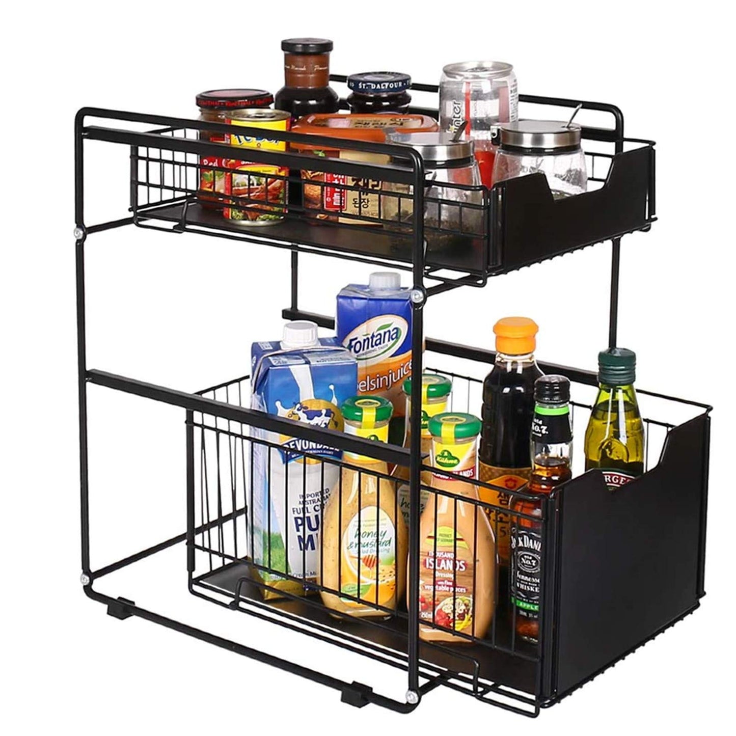 U-HOOME Spice Rack Organizer for Countertop, 2 Tier Metal Drawer Seasoning Shelf Storage for Cabinet, Sliding Basket Under Sink Organizer for Kitchen, Pantry,Bathroom,Office (Black)