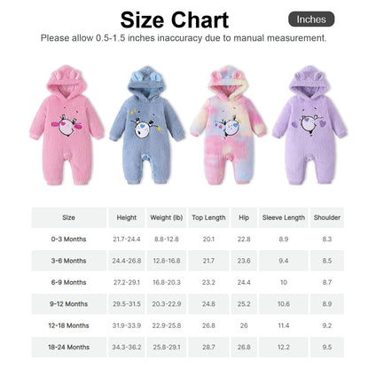 PATPAT Care Bears Baby Infant Girls Bodysuit Snowsuit Bear Ear Hooded Jumpsuit Warm Fleece Long Sleeve Winter Romper (3-6 Months)