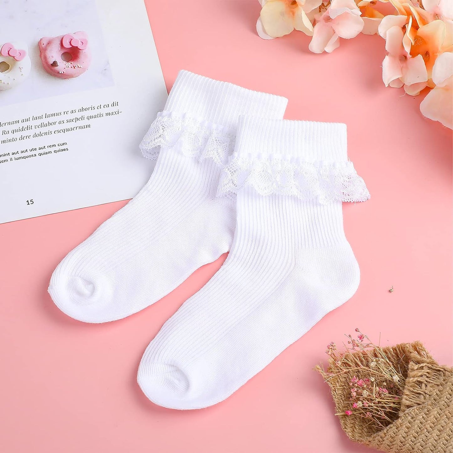 SATINIOR 6 Pairs Girls Ruffle Socks White Girls Eyelet Lace Sock Ruffled Girls Dress Socks for Girl Toddler Girl Socks