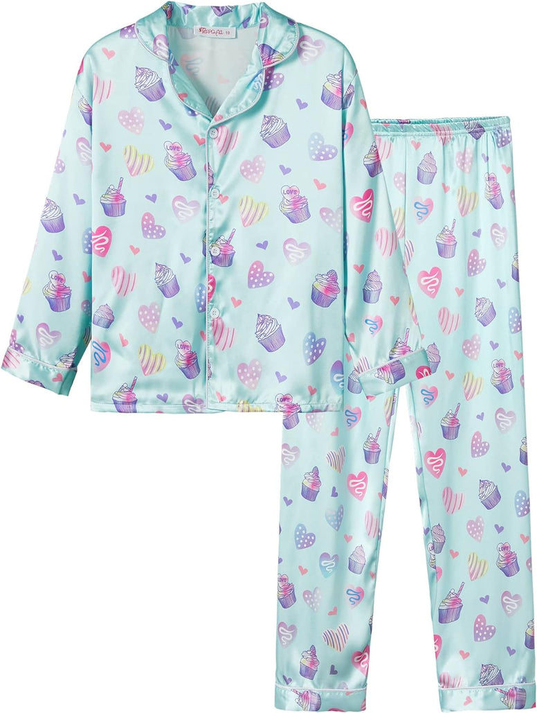 Satin Pajamas for Girls – Coat Style Unicorn Long Sleeve Silk Button Down PJ Set Size 6-16