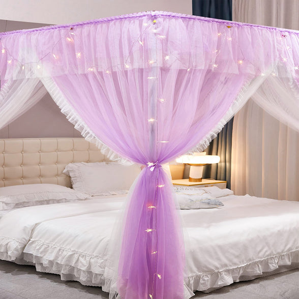 VETHIN 4 Corners Post Ruffle Princess Bed Canopy Curtain-Double Layer Cozy Drape Netting 4 Opening Mosquito Net for Girls Adults Bedroom Decoration (Double-Purple, 59" W*82" L*82"*H/(Queen))