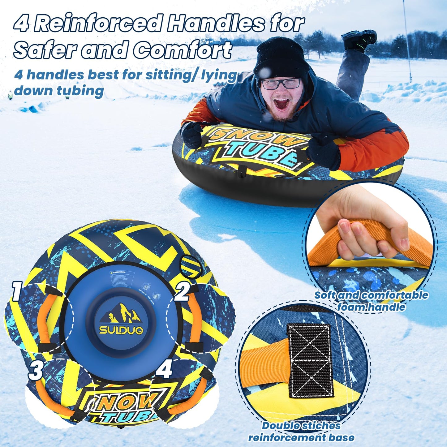 SULDUO 47'' Heavy Duty Snow Tube with Premium Canvas Cover and 4 Foam Filled Handles, Inflatable Snow Sled for Kids and Adult, Thickened Hard Bottom Snow Tubes for Winter Outdoor Fun Sledding