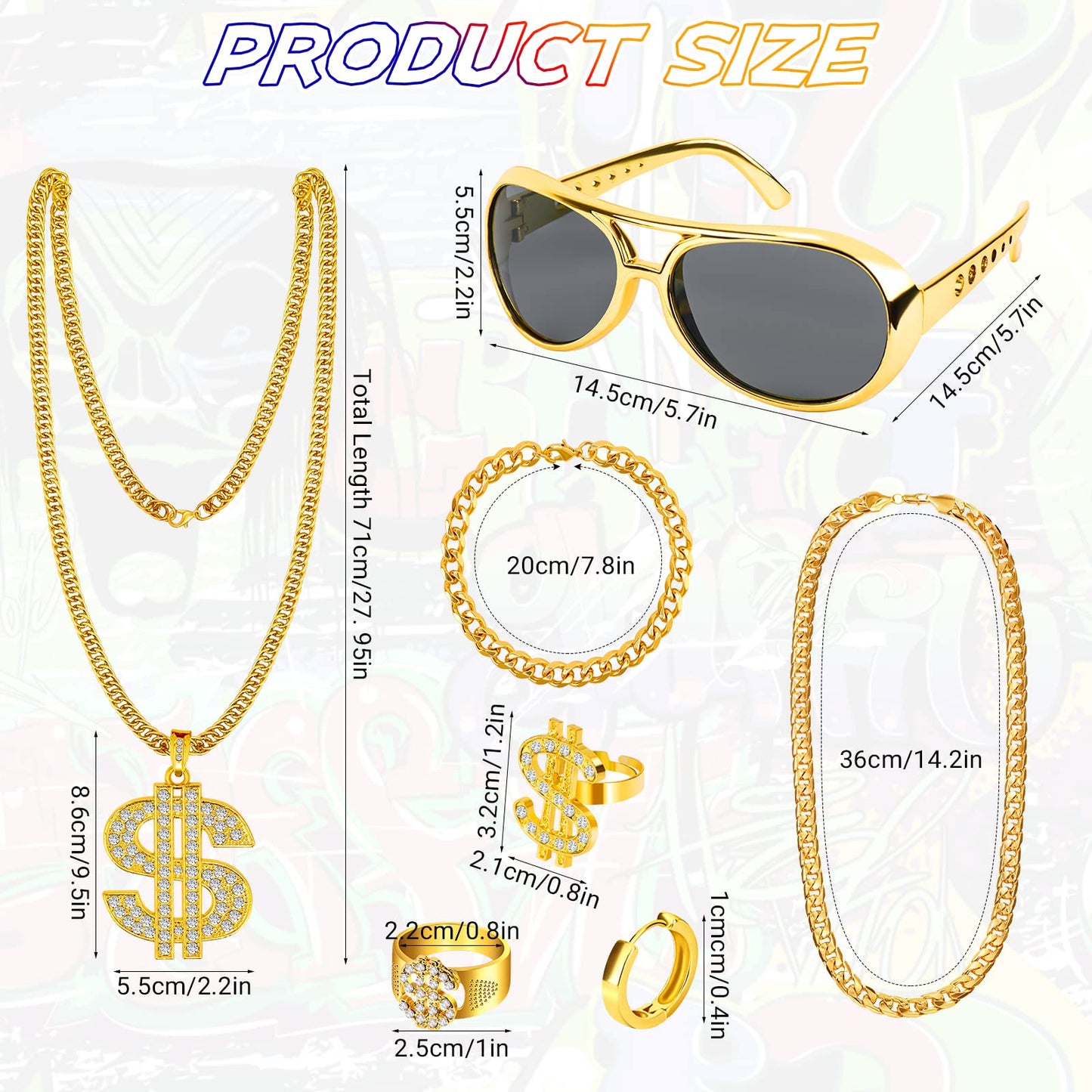 Dreamtop 8Pcs Hip Hop Costume Accessories kit, 80s 90s Hip Hop Fancy Dress Accessories with Disco Gold Dollar Sign Necklace Bracelet Hip Hop Rings Earrings Sunglasses for Women Men Hippie Rapper