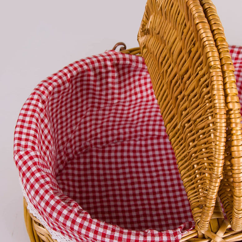 Wicker Picnic Basket with Lid and Handle, Natural Study Willow Basket with Washable Liner, Vintage-Style Woven Easter Basket for Picnic, Camping, Outdoor, Red/White Gingham