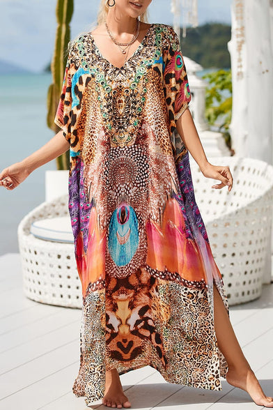 YouKD Maxi Dress V-Neck Kaftan Boho Robes Beach Cover-ups Dress Roomy Gowns for Women