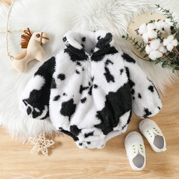 Tempura Baby Girls Boys Winter Warm Romper Long Sleeve Stand Collar Cow Print Half Zipper Playsuit Jumpsuit (0-6 Months)