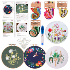 FEPITO 4 Sets Embroidery Starter Kit with Pattern and Instructions Cross Stitch Kit Includes 4Pcs Embroidery Clothes with Floral Pattern, 2 Pcs Embroidery Hoops, Scissor, Color Threads Needle Kit