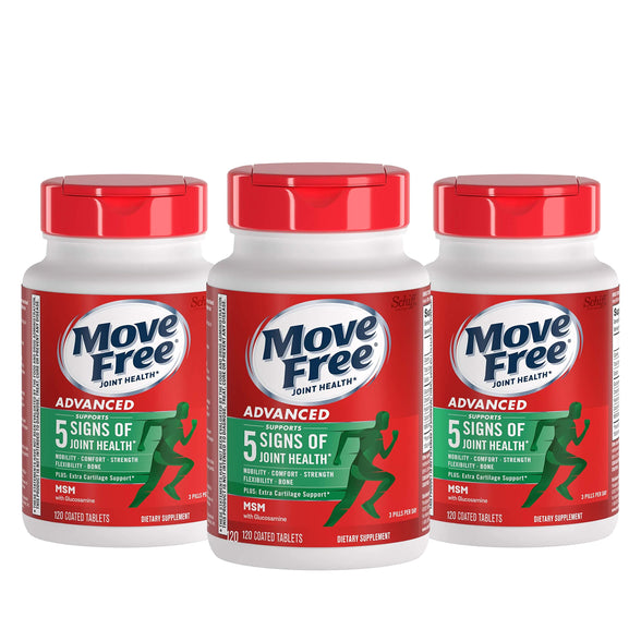 Move Free Advanced Glucosamine Chondroitin MSM Joint Support Supplement, Supports Mobility Comfort Strength Flexibility & Bone - 3x120 Bottles (120 servings)*