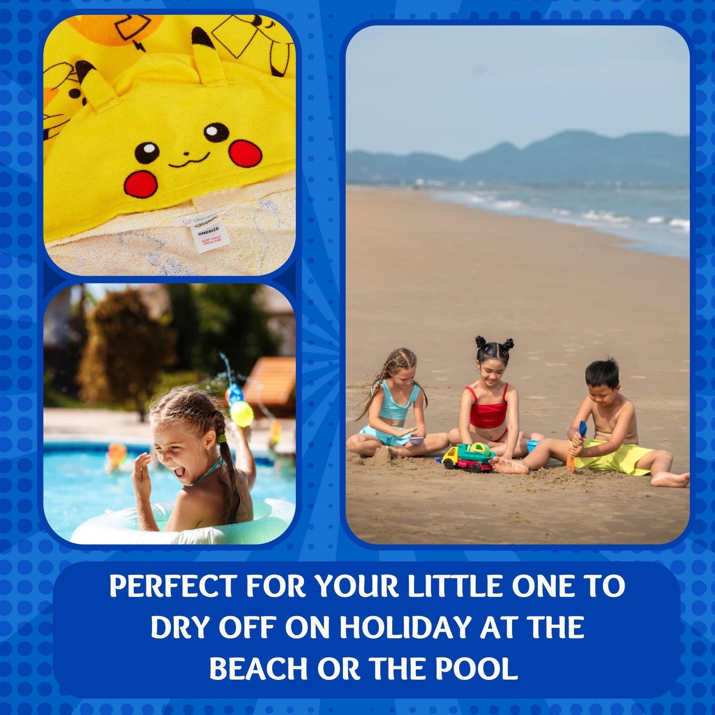 Pikachu Hooded Towel 100% Cotton Kids 3D Ears Dress Up Pikachu Poncho Beach Bath Towel Swimming Wrap
