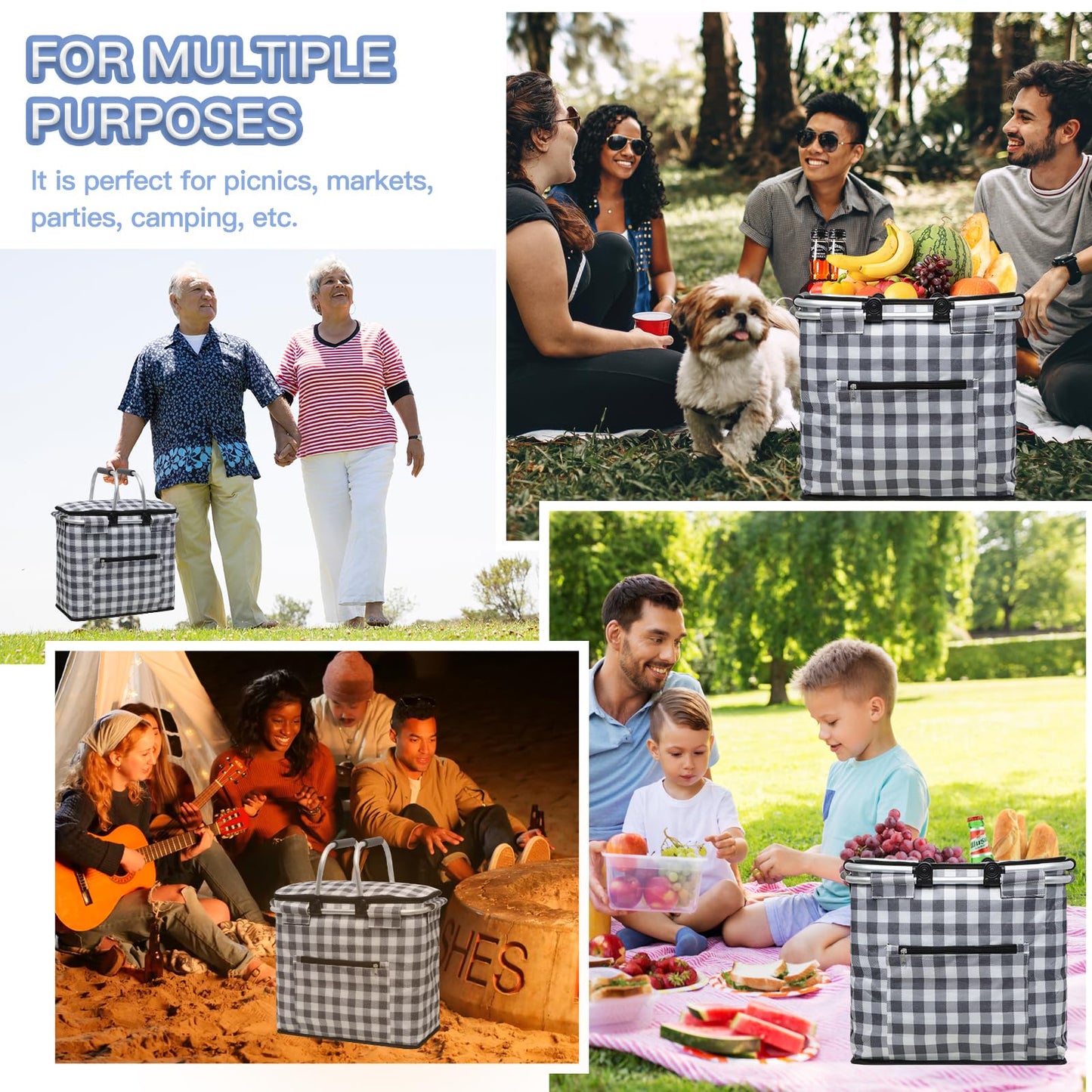 KEFOMOL Insulated Picnic Basket,40L Leak-Proof Cooler Bag,Grocery Basket with Lid,2 Sturdy Handles,Storage Basket for Picnic, Picnic Basket for 4 Persons (Black Grid)