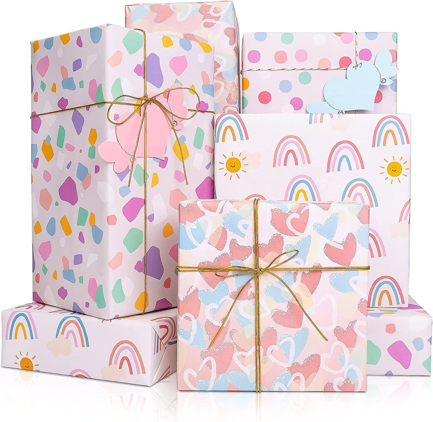 Gift Wrapping Paper Set, Birthday Wrapping Paper Polka Dots Heart Gift Wraps for Birthday, Valentines Day, Wedding, Baby Shower, 4 Sheets 50CM X70CM