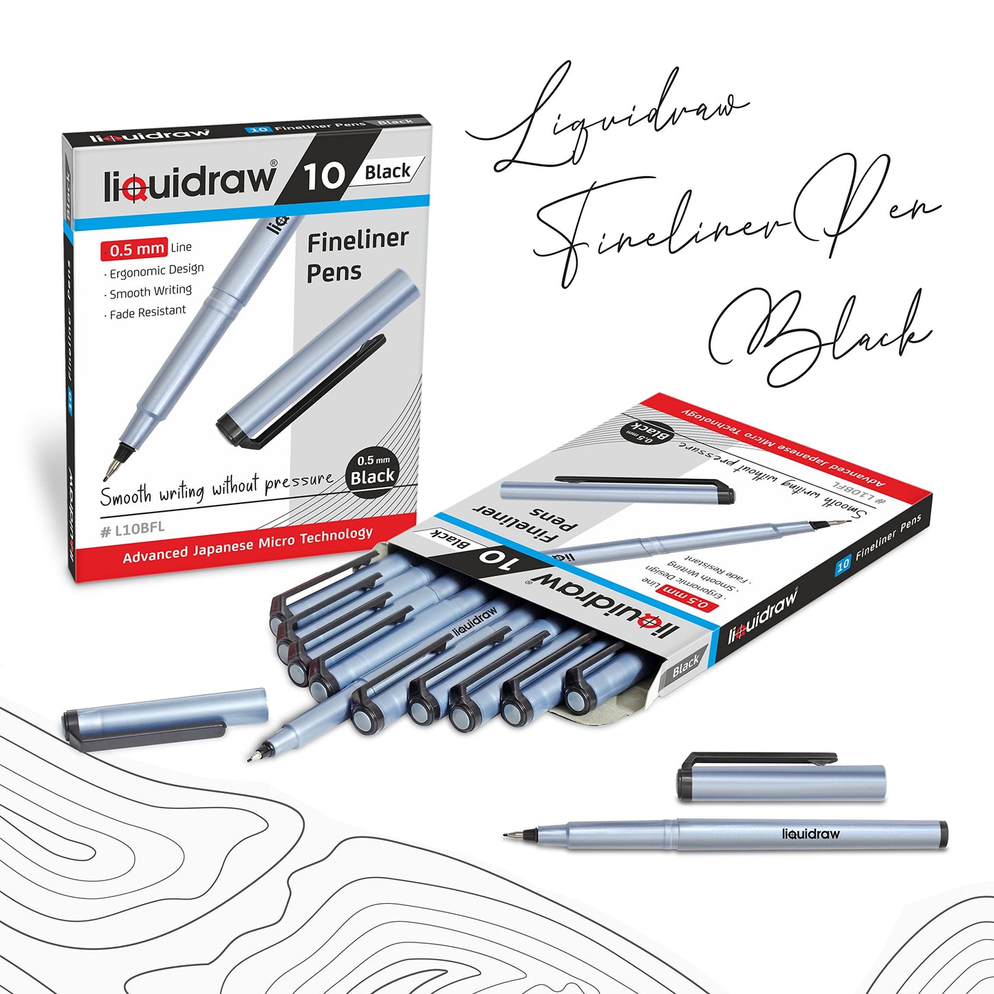 Liquidraw 10 Black Fineliner Pens Set Fine Point Pens 0.5mm Fineliners Black Coloured Pens For Artists, Architects, Technical Drawing, Handwriting, Calligraphy, Sketching, & Illustrations