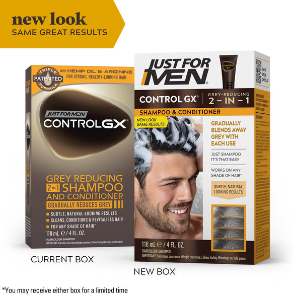 Just For Men Control GX Grey Reducing 2-in-1 Shampoo and Conditioner, Gradual Hair Color for Stronger and Healthier Hair, 4 Fl Oz - Pack of 3 (Packaging May Vary)