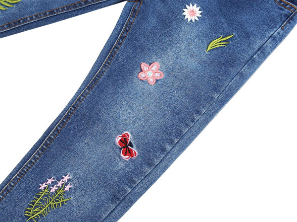 KIDSCOOL SPACE Little Girl Embroidered Slim Jeans, Big Girls Elastic Waist Denim Bottom Pants,5-6Years