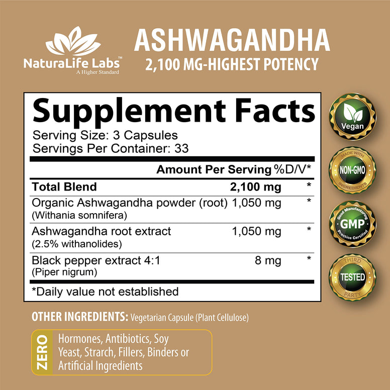 Organic Ashwagandha 2,100 mg - 100 Vegan Capsules Pure Organic Ashwagandha Powder with Black Pepper Extract - Natural Anxiety Relief, Mood Enhancer, Immune & Thyroid Support, Anti Anxiety