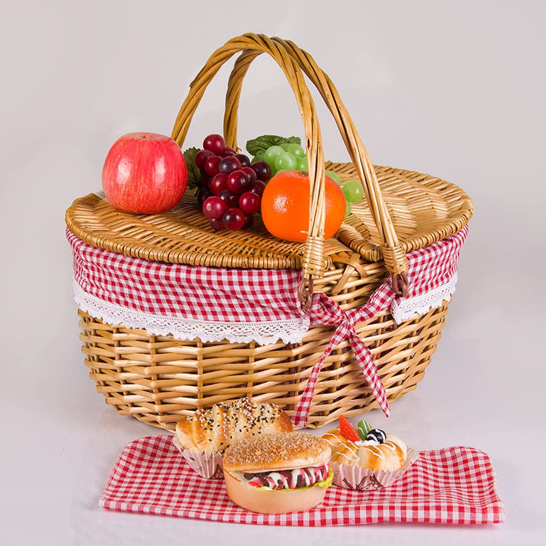 Wicker Picnic Basket with Lid and Handle, Natural Study Willow Basket with Washable Liner, Vintage-Style Woven Easter Basket for Picnic, Camping, Outdoor, Red/White Gingham