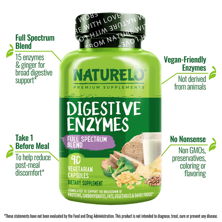 NATURELO Digestive Enzymes | Full Spectrum Support with a Broad Blend of 15 Enzymes Plus Ginger | Post-meal Bloating Relieft, Helps reduce Gas and Discomfort | 90 Vegan Capsules