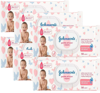Johnson's Baby Wipes Gentle All Over, No Alcohol and Dyes, Flip Top, With Silk Extract, 56 Count (Pack of 6)