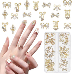 30Pcs Pearl Bow Nail Charms, 3D Gold Cross Bowknot Nail Rhinestones, Boxed Cute Nail Art Bows Nail Decorations for Nail Accessories Manicure Design DIY