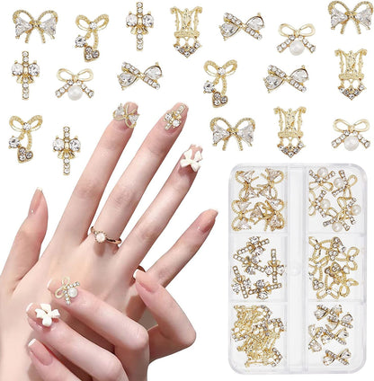 30Pcs Pearl Bow Nail Charms, 3D Gold Cross Bowknot Nail Rhinestones, Boxed Cute Nail Art Bows Nail Decorations for Nail Accessories Manicure Design DIY