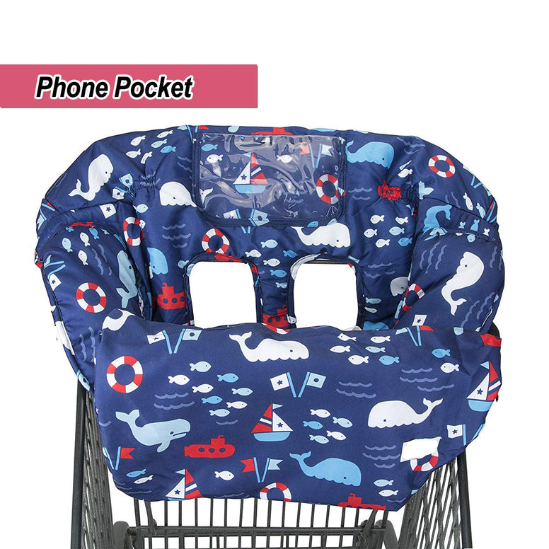 2-in-1 Shopping Cart and High Chair Cover for Baby~Padded~Fold'n Roll Style~Portable with Free Carry Bag (Blue Whale)