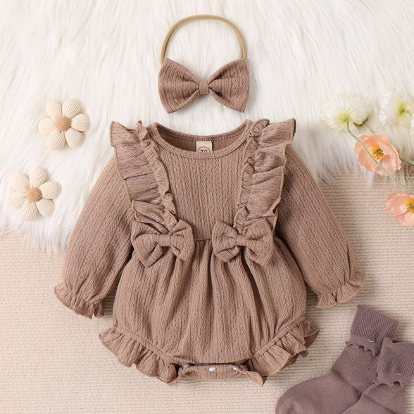 Douhoow Infant Baby Girl Romper Baby Sweatshirt Romper Long Sleeve Pleated Festival Clothes Baby Fall Outfits with Headband